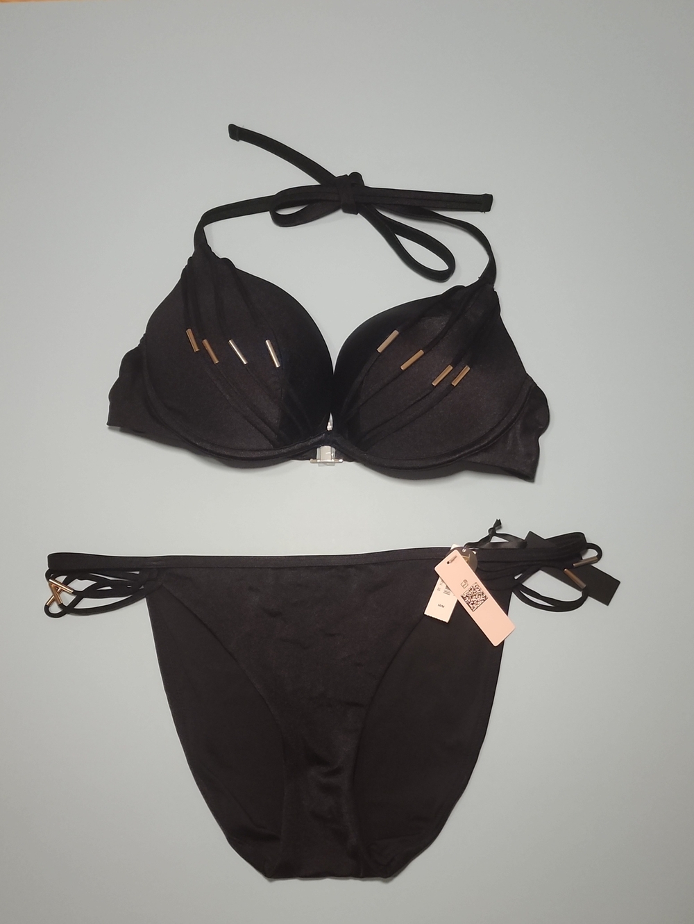 Victoria's Secret Black Halter Push-Up Bikini Set with Gold Accents